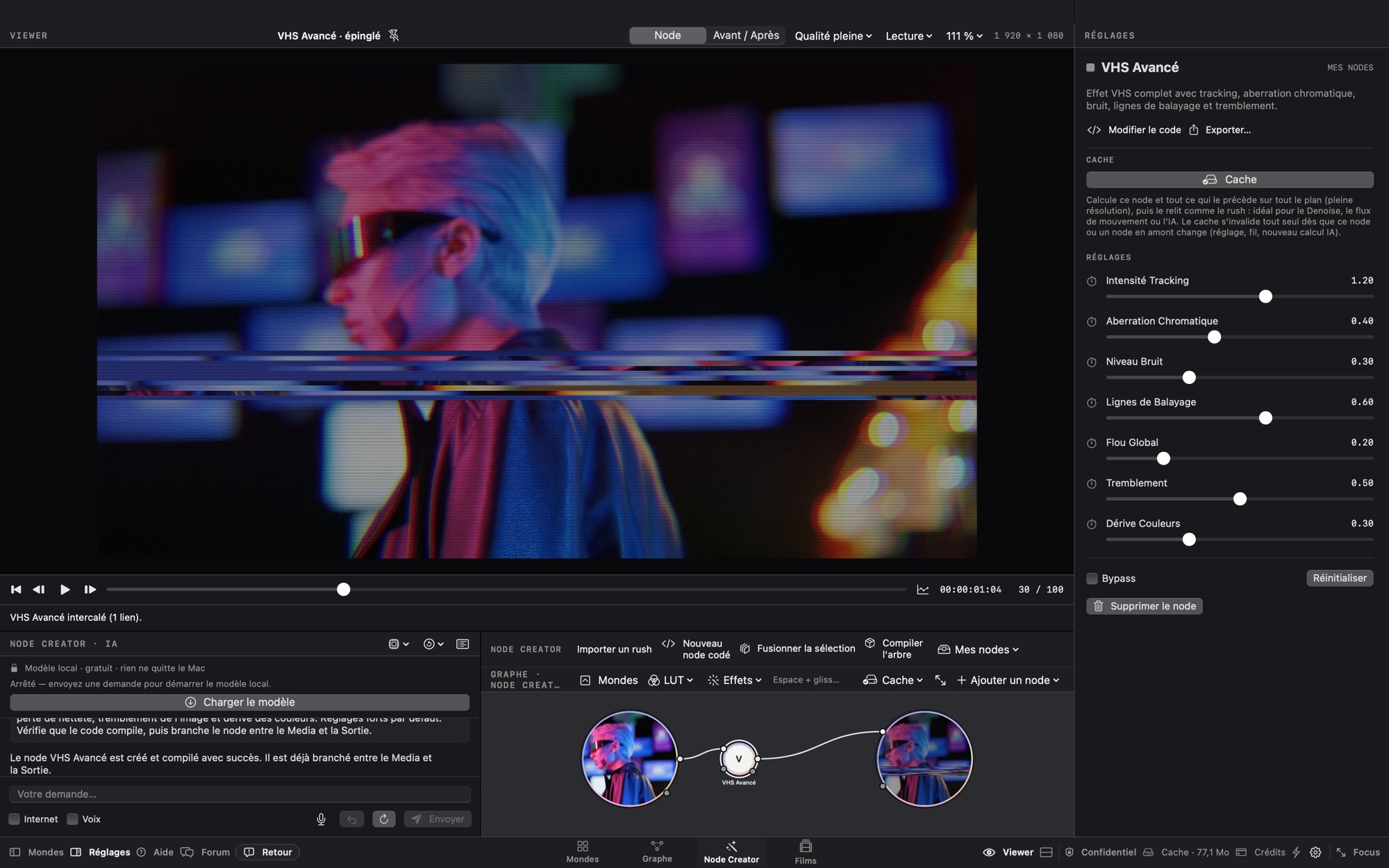 The Node Creator builds a VHS effect from one sentence