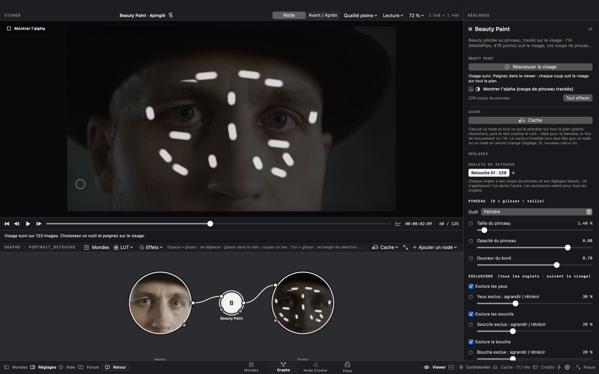 Brush strokes tracked across a face